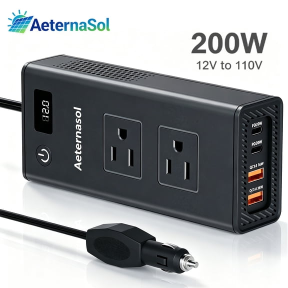AeternaSol 200W Car Power Inverter, 12V to 110V AC Converter with USB-C Fast Charging, LCD Display & Cooling Fan for Vehicle RV Camping