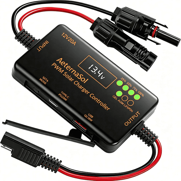 AeternaSol 20A Pwm Solar Charge Controller 12V, PD 22W & QC 18W Usb Type-C Output, Intelligent Regulator for LiFePO4, Agm, Gel Battery