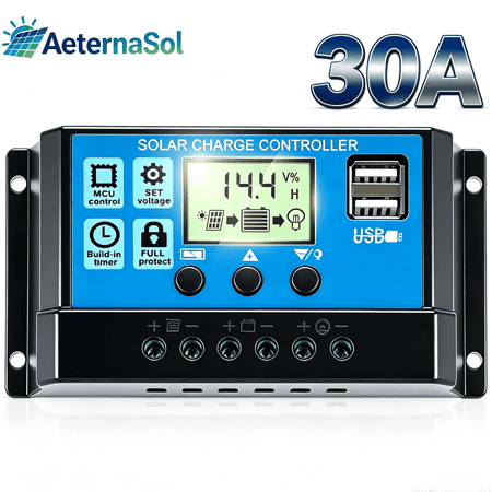 AeternaSol 30A Solar Charge Controller,12V/24V Pwm, Lcd Display, Dual Usb, Multiple Load Control Modes for Outdoor Battery System