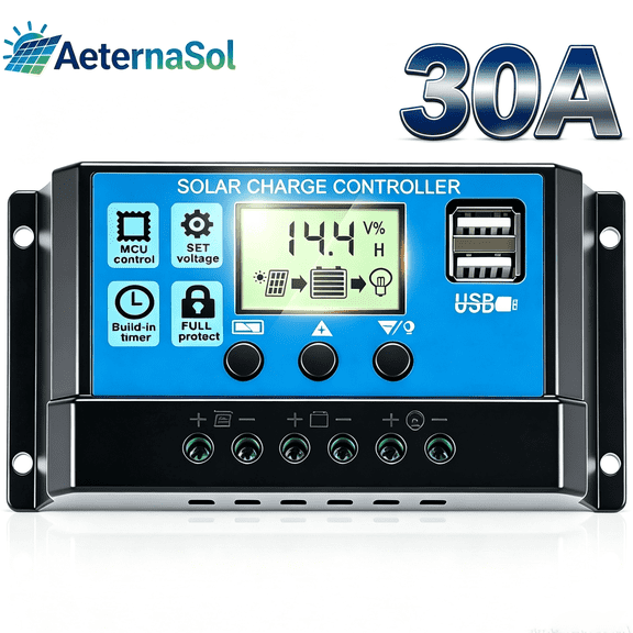 AeternaSol 30A Solar Charge Controller,12V/24V Pwm, Lcd Display, Dual Usb, Multiple Load Control Modes for Outdoor Battery System