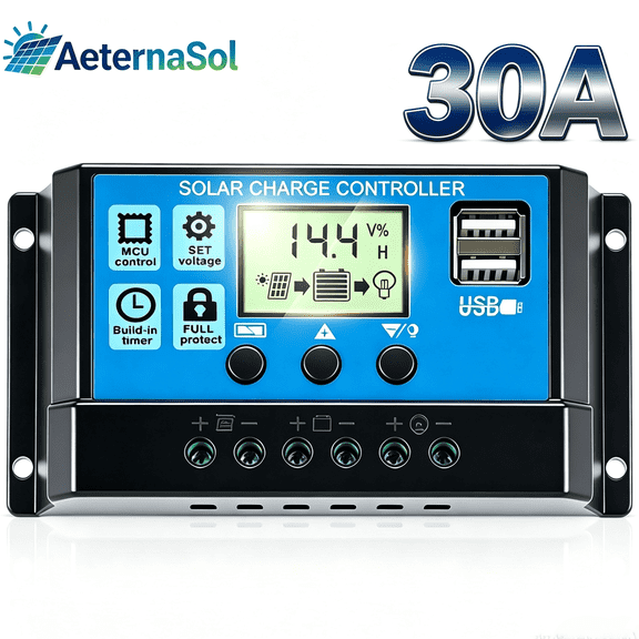 AeternaSol 30A Solar Charge Controller,12V/24V Pwm, Lcd Display, Dual Usb, Multiple Load Control Modes for Outdoor Battery System