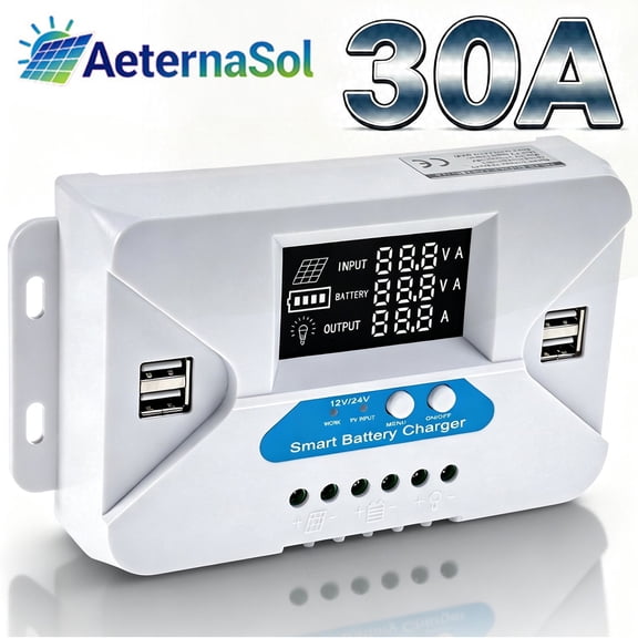 AeternaSol 30A Solar Charge Controller 12V 24V Self Adapting LCD Display 4 USB Fast Charging for LiFePO4 AGM