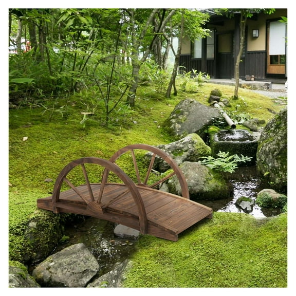 AetherLove 3.3ft Wooden Garden Bridge Arc Stained Finish Walkway with Half Wheeled Railings