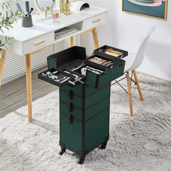 AetherLove 4 in 1 Professional Makeup Train Case Aluminum Cosmetic Case Rolling Makeup Case Extra Large Trolley Makeup Travel Organizer, with 360° Swivel Wheels, Dark Green