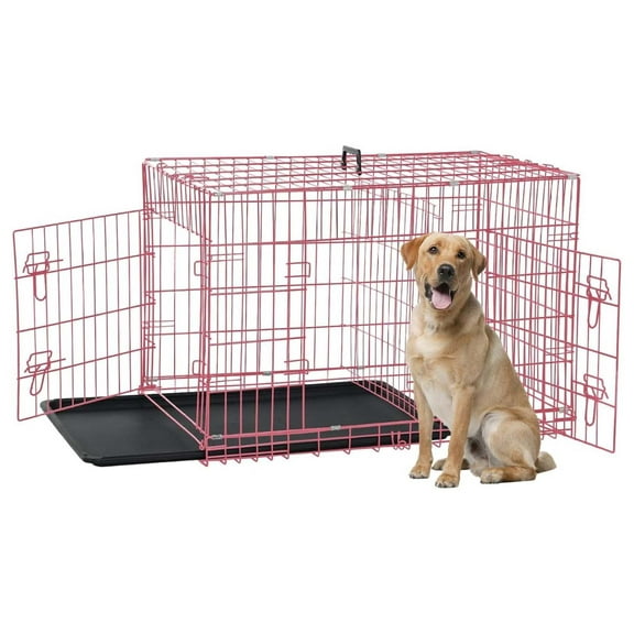AetherLove 42 inch Extra Large Portable Dog Crate,Indoor Outdoor Dog Kennel Furniture with Carrying Handle,Metal Wire Dog cage with Plastic Tray,Collapsible,Durable,Pink,42×27×30