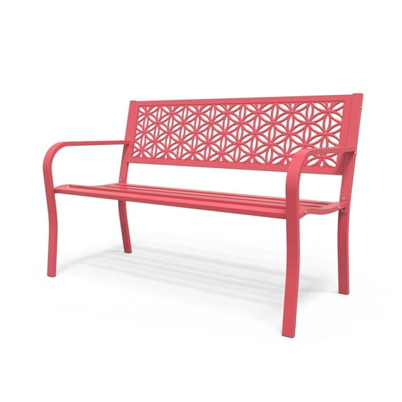 AetherLove 50" Outdoor Bench Metal with Floral Back, Garden Bench Front Porch Bench for Yard Patio Entryway Park Outside, 800lb Capacity-Pink