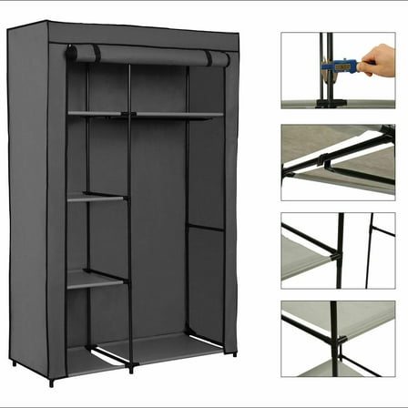 AetherLove 64" Portable Closet Storage Organizer Clothes Wardrobe Shoe Rack Shelf with Cover Used for Bedroom,Easy to Assembly, Gray