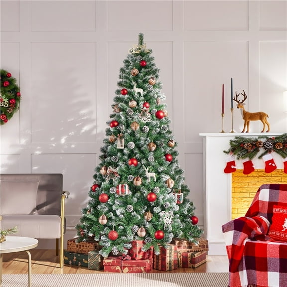 AetherLove 6ft Artificial Christmas Tree, Snow Flocked Christmas Tree with Pinecones, Frosted Tips, Pre-Decorated Tree for Holiday Party Decoration, Green