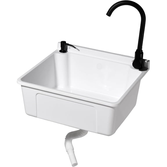 AetherLove  9-Gallons Plastic Wall-Mounted Utility Sink, Wall-Mounted Utility Tub with Wall Bracket, Hot&Cold Faucet, Drain Plug, Perfect for Basement, Laundry Room, Garage or Shop and More, White