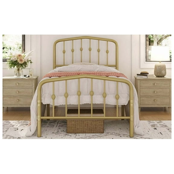 AetherLove Bed Frames Metal Platform Bed with Victorian Style Wrought Iron Headboard and Footboard, Easy Assembly, No Box Spring Needed, Twin, Antique Gold