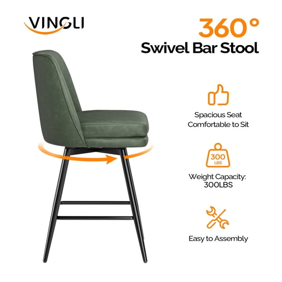 AetherLove Counter Height Bar Stools , 360° Swivel Upholstered Barstools with Backs and Metal Legs, 26" H Seat Height, Faux Leather,1PC Green