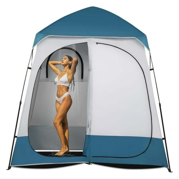 AetherLove Oversize 2 Rooms Shower Tent, 7.5 FT Outdoor Pop up Changing Room, Instant Extra Wide Privacy Shelter for Camping Dressing Toilet Bathroom with Carry Bag, Blue & White