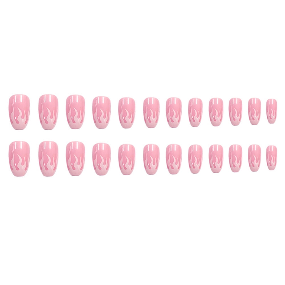 Aetomce 24pcs Medium Coffin Fake Nails Pink White Flame False Nails Glossy Ballerina Press On 8834