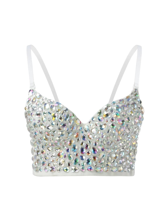 Women's Tanks & Corset- Hand Sewn Nightclub Rhinestone Sequin Top for Women WhiteM