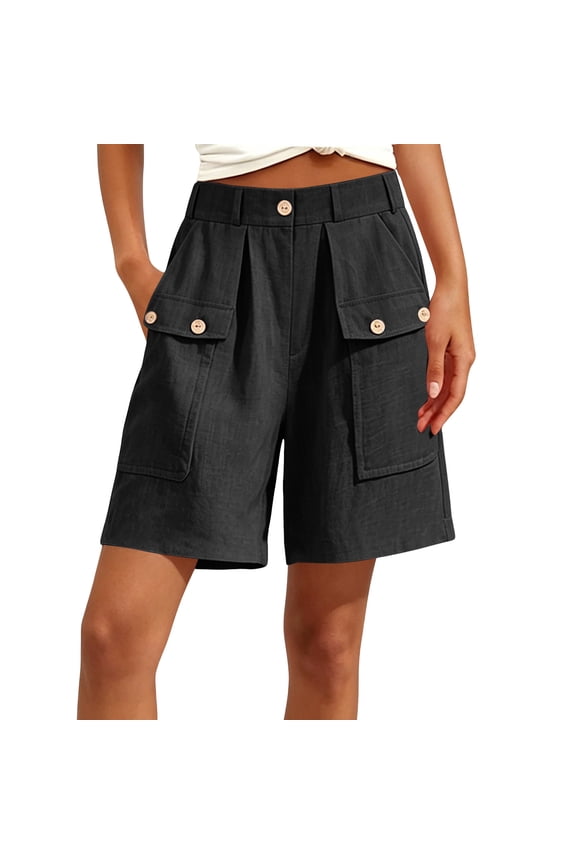 Bermuda Cargo Shorts for Women, Linen Casual Long Knee Length High Waisted Shorts, Wide Leg Summer Fashion Loose Bottoms
