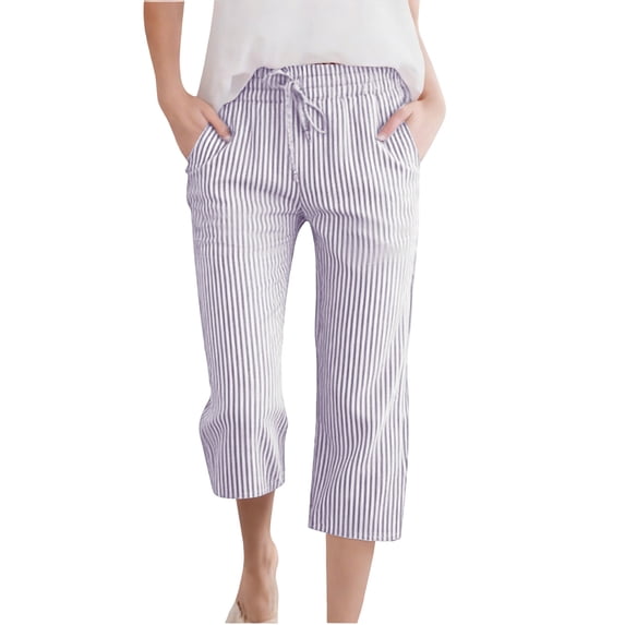 Aezemi Girls Cotton Linen Loose Capri Pants Striped Drawstring Elastic Waist Capri Pants for Girls, Baggy Casual Beach Cropped Trousers with Pockets 10-11 Years