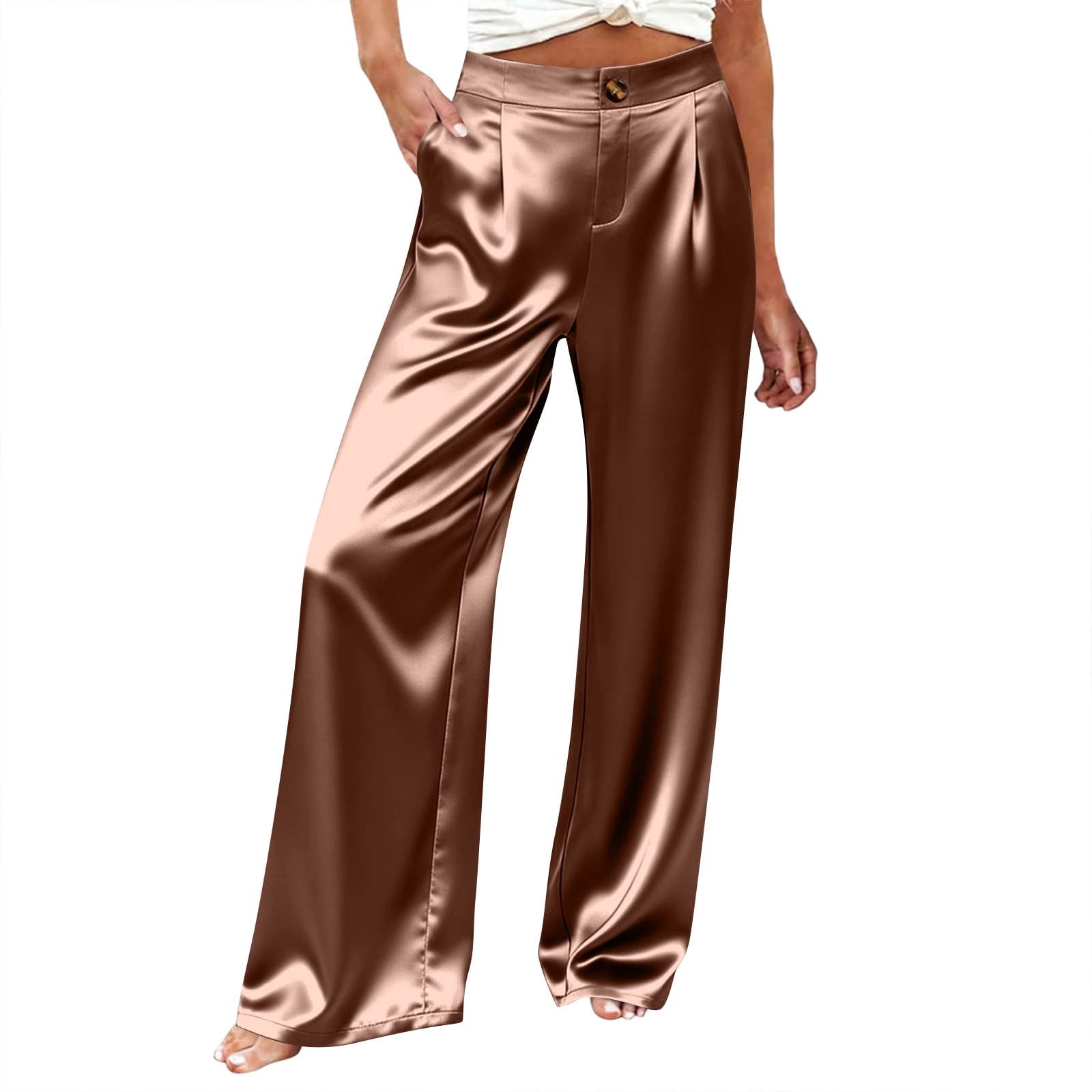 satin dress pants ladies Aezemi Loose for Women, Button up Elastic Waist Loose Work Pants with Pockets, Pleated Straight Leg Palazzo Dressy Office Comfy STYLE: JUMPSUIT