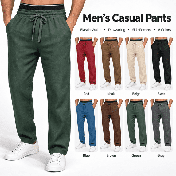 Aezemi Men Cotton Linen Work Pants Drawstring Pull On Fashion Straight Leg Long Pants with Pockets Elastic Waist Fashion Casual Business Trousers M