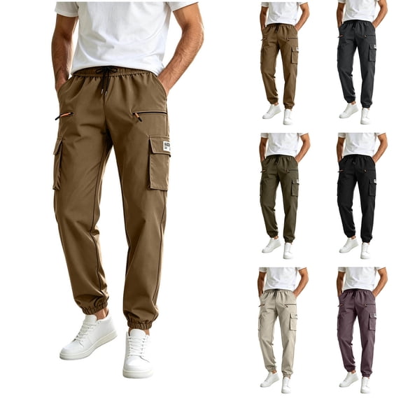 Aezemi Men Lightweight Cargo Jogger Pants with Zipper Pockets Elastic Waist Casual Hiking Running Workout Long Pants Outdoor Pull on Fashion Fall Spring Trousers M