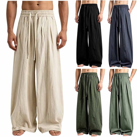 Aezemi Men Loose Cotton Linen Pants Baggy Wide Leg Ruched Harem Pants Elastic Waist Drawstring Palazzo Summer Beach Vacation Trousers with Pockets XXL