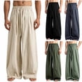 thumbnail image 1 of Aezemi Men Loose Cotton Linen Pants Baggy Wide Leg Ruched Harem Pants Elastic Waist Drawstring Palazzo Summer Beach Vacation Trousers with Pockets M, 1 of 6