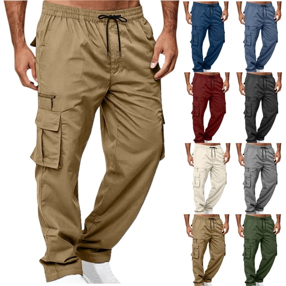Aezemi Men Straight Leg Cargo Pants with Multiple Pockets Lightweight Fashion Elastic Waist Pull on Hiking Pants Drawstring Trendy Workout Outdoor Trousers L