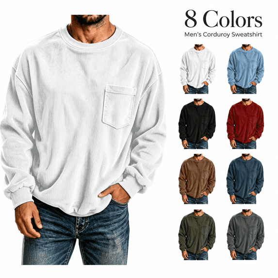 Aezemi Men's Corduroy Oversized Sweatshirt with Chest Pocket Comfy Crewneck Pullover Long Sleeve Soft Workout Top Outdoor Fall Winter Daily Sports Casual Sweatshirt S