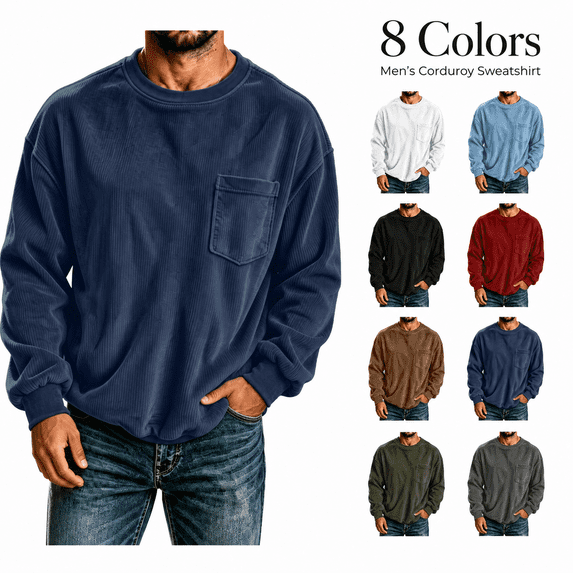 Aezemi Men's Corduroy Oversized Sweatshirt with Chest Pocket Comfy Crewneck Pullover Long Sleeve Soft Workout Top Outdoor Fall Winter Daily Sports Casual Sweatshirt M