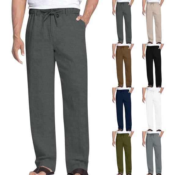 Aezemi Mens Pull on Pants with Pockets Drawstring Straight Leg Casual Long Trousers Elastic Waist Summer Spring Work Casual Pants L