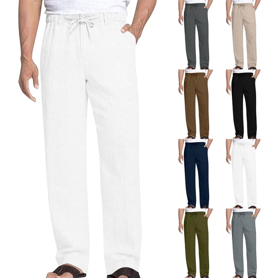 Aezemi Mens Pull on Pants with Pockets Drawstring Straight Leg Casual Long Trousers Elastic Waist Summer Spring Work Casual Pants S