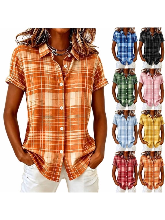 Plaid Collared Top Women Button Down Short Sleeve Business Casual Work Blouses Womens Summer Spring Office Fashion Comfy Regular Fit Plaid Shirts S