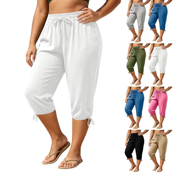 Aezemi Plus Size Women Capri Jogger Pants with Pockets Elastic Waist Drawstring Workout Sports Comfy Capris Summer Outdoor Casual Fashion Trousers 3XL
