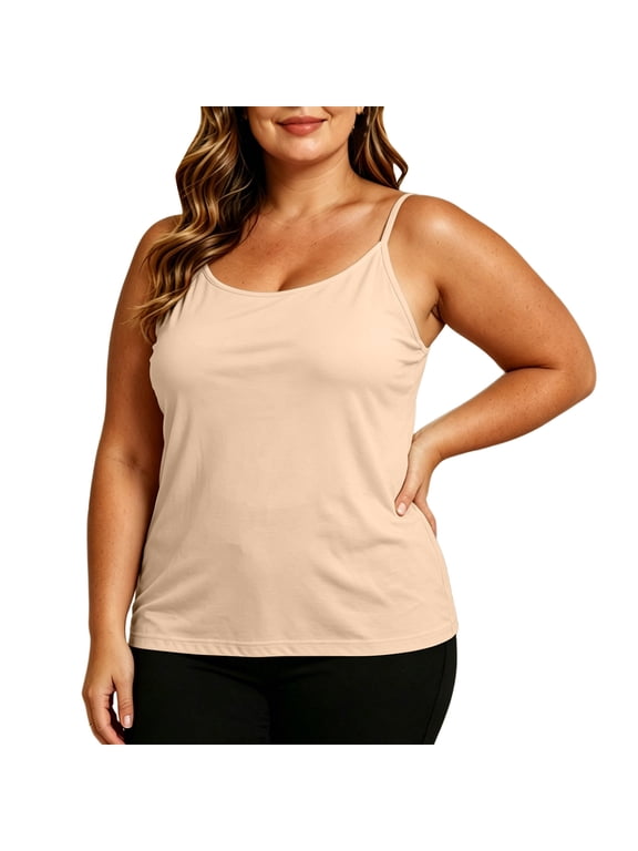 Plus Size Women Padded Cami Tank Tops, Adjustable Spaghetti Strap Camisole with Built-In Bra Pads, Sleeveless Casual Summer Tees