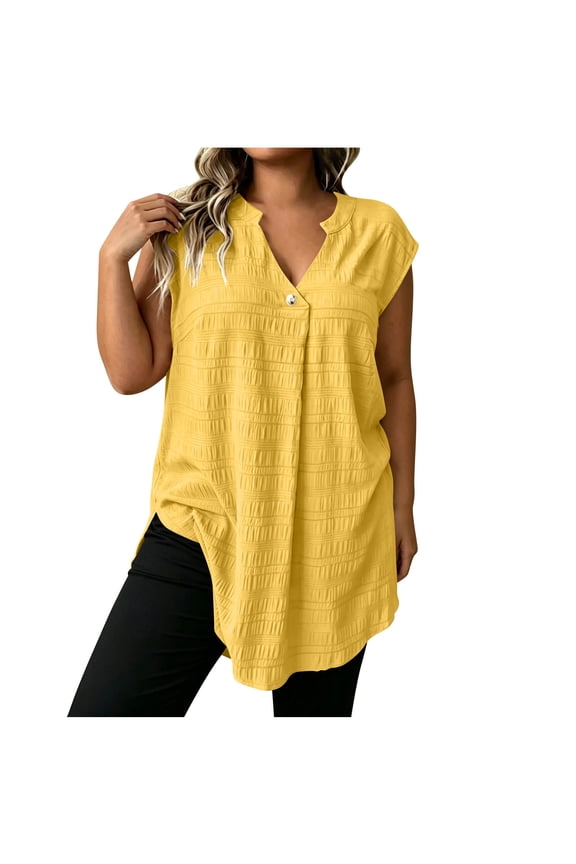 Plus Size Women Sleeveless Tunic Tank Tops, V Neck Curved Hem Flowy Fashion Shirt, Daily Casual Summer Outerwear, L-4XL