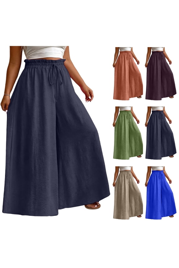 Plus Size Women Wide Leg Flowy Pants Ruffle Elastic Waist Drawstring Boho Fashion Pants Summer Beach Vacation Breathable Lightweight Trendy Casual Trousers 5XL