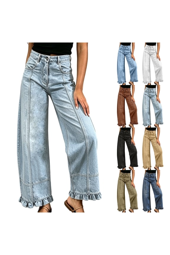 Ruffle Jeans for Women Button High Waisted Trendy Denim Pants Fashion Outdoor Ruffle Hem Pants with Pockets M