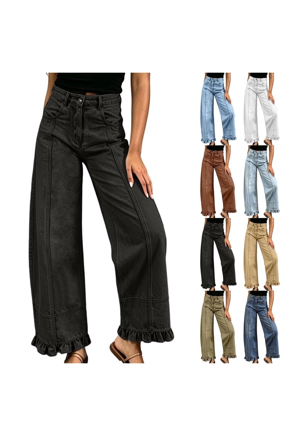 Ruffle Jeans for Women Button High Waisted Trendy Denim Pants Fashion Outdoor Ruffle Hem Pants with Pockets XL