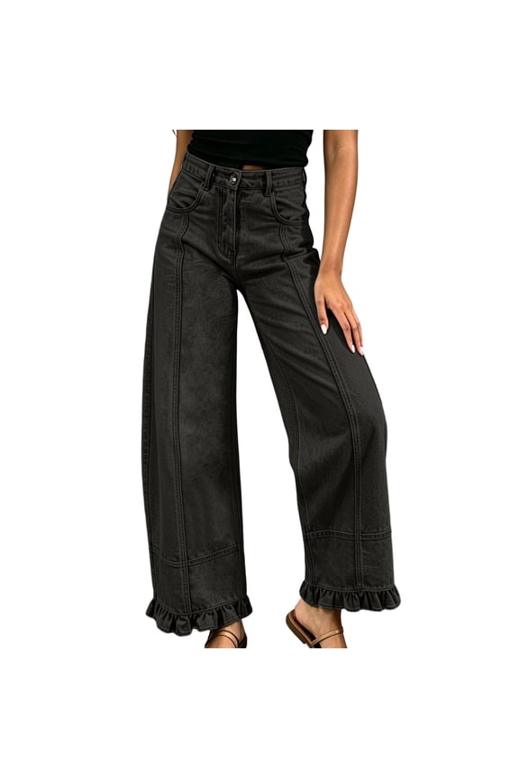 Ruffle Jeans for Women Button High Waisted Trendy Denim Pants Fashion Outdoor Ruffle Hem Pants with Pockets XL