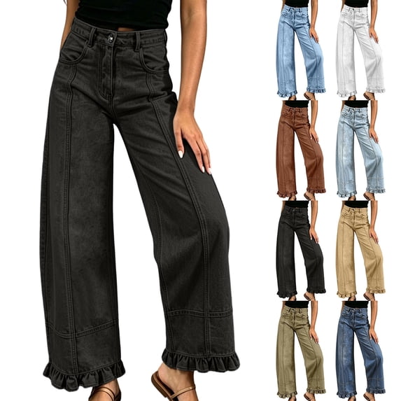 Aezemi Ruffle Jeans for Women Button High Waisted Trendy Denim Pants Fashion Outdoor Ruffle Hem Pants with Pockets XXL