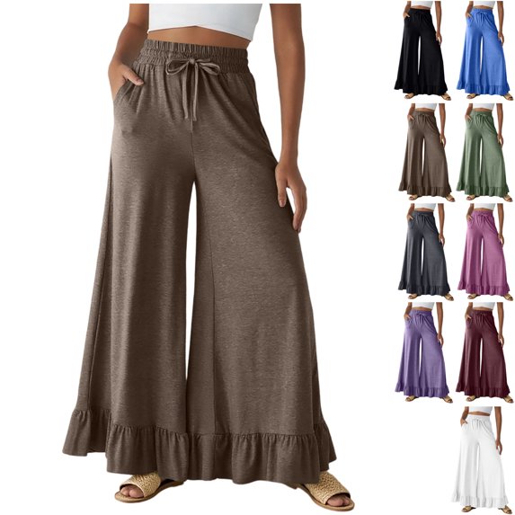 Aezemi Ruffle Wide Leg Pants Women Soft Flowy Boho Summer Elastic Waist Drawstring Long Trousers Comfy Outdoor Beach Vacation Fashion Daily Casual Bottoms with Pockets XXL