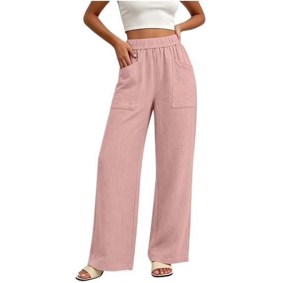 Aezemi Straight Leg Pants for Women, Linen Flowy Palazzo Drawstring Elastic Waist Trousers with Front Pockets, Summer Beach Vacation casual Trousers