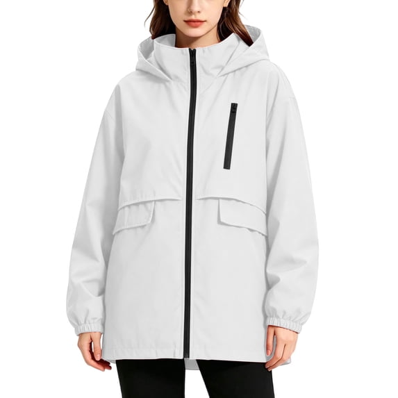 Aezemi Waterproof Hiking Coats for Women Zip up Comfy Windbreaker Fashion Hooded Long Sleeve Rain Jackets Fall Winter Travel Camping Workout Daily Wear Raincoats with Zip Pocket M