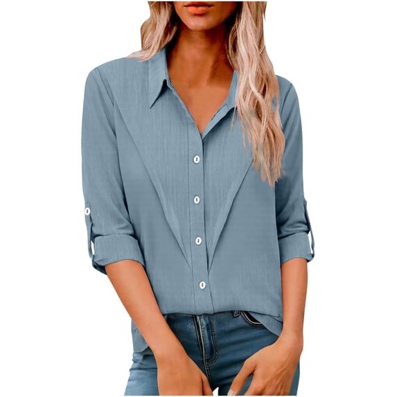 Aezemi Women Beach Collared Shirts Button down Long Sleeve Fashion Vacation Outdoor Summer Blouses Womens Trendy Faux Linen Cotton Comfy Daily Tops S