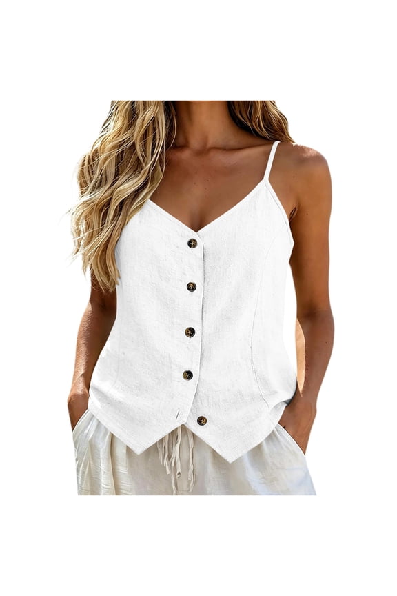 Women Button down Camisole Tops, V Neck Cotton Linen Adjustable Spaghetti Strap Cami Tank Tops, Lightweight Backless Sleeveless Beach Outdoor Vacation Undershirts