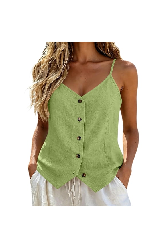 Women Button down Camisole Tops, V Neck Cotton Linen Adjustable Spaghetti Strap Cami Tank Tops, Lightweight Backless Sleeveless Beach Outdoor Vacation Undershirts