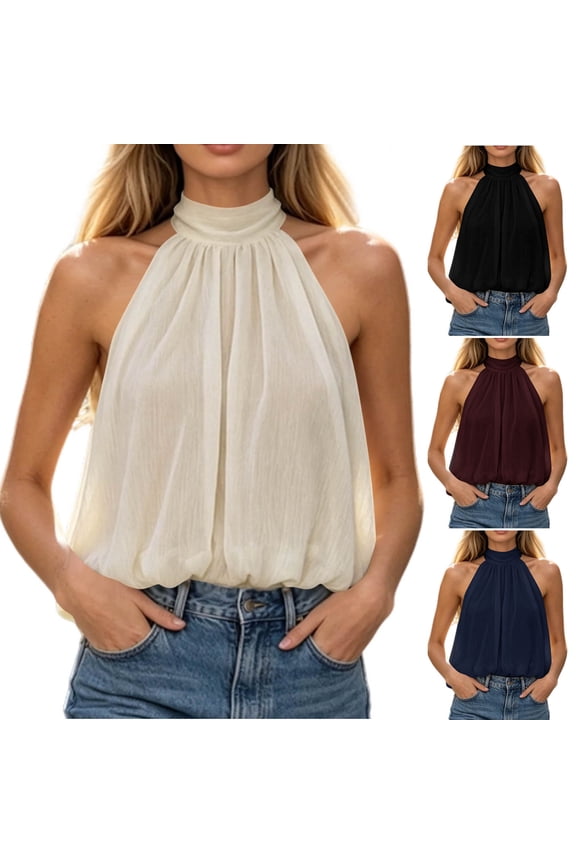 Women Chiffon Sleeveless Blouses Flowy Ruched Dressy Tie Back Fashion Slim Fit Tank Tops Summer Outdoor Trendy Casual Shirts L