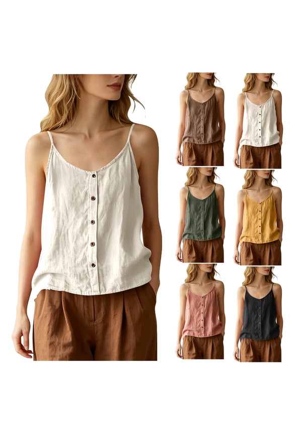Women Cotton Linen Camisole, Lightweight Button Loose Fit Spaghetti Strap Tank Tops, Vintage Vacation Boho Beach Summer Outfits, M-3XL