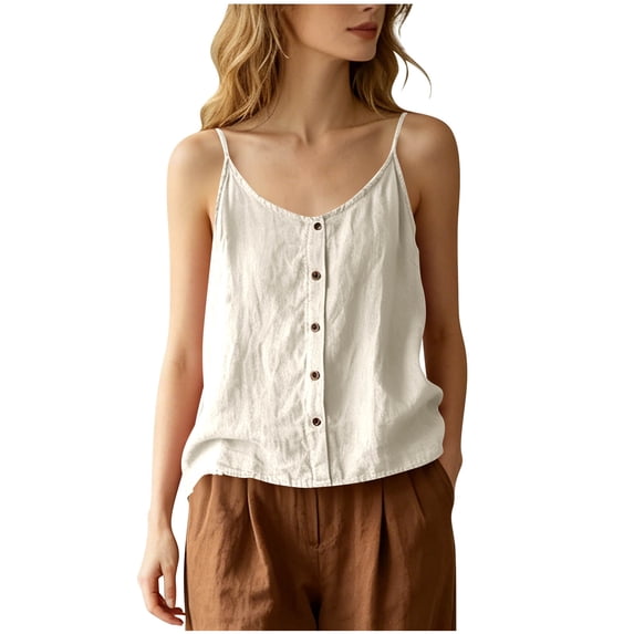 Aezemi Women Cotton Linen Camisole, Lightweight Button Loose Fit Spaghetti Strap Tank Tops, Vintage Vacation Boho Beach Summer Outfits, M-3XL