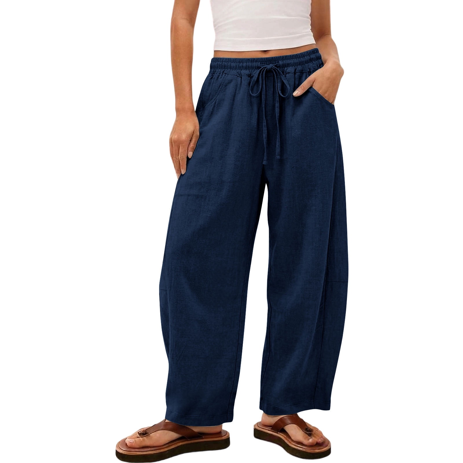 Aezemi Women Faux Linen Cotton Pants, Barrel Leg Elastic Waist ...