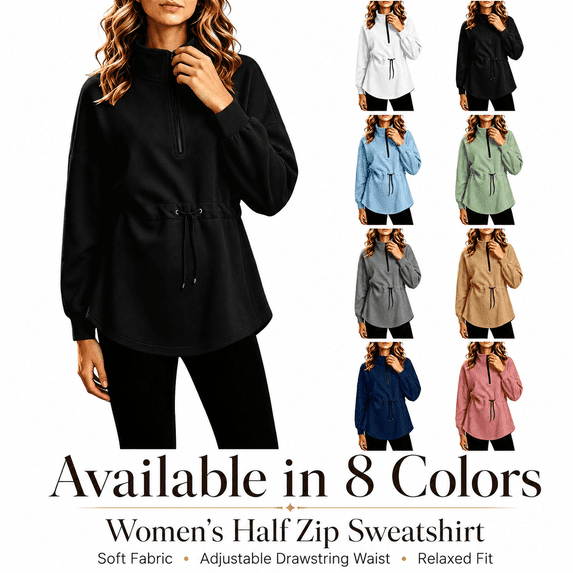 Aezemi Women Half Zip Shirts Loose Fit Collared Drawstring Elastic Waist Fashion Sports Outdoor Blouses Winter Fall Baggy Workout Exercise Dressy Work Pullover Tops L